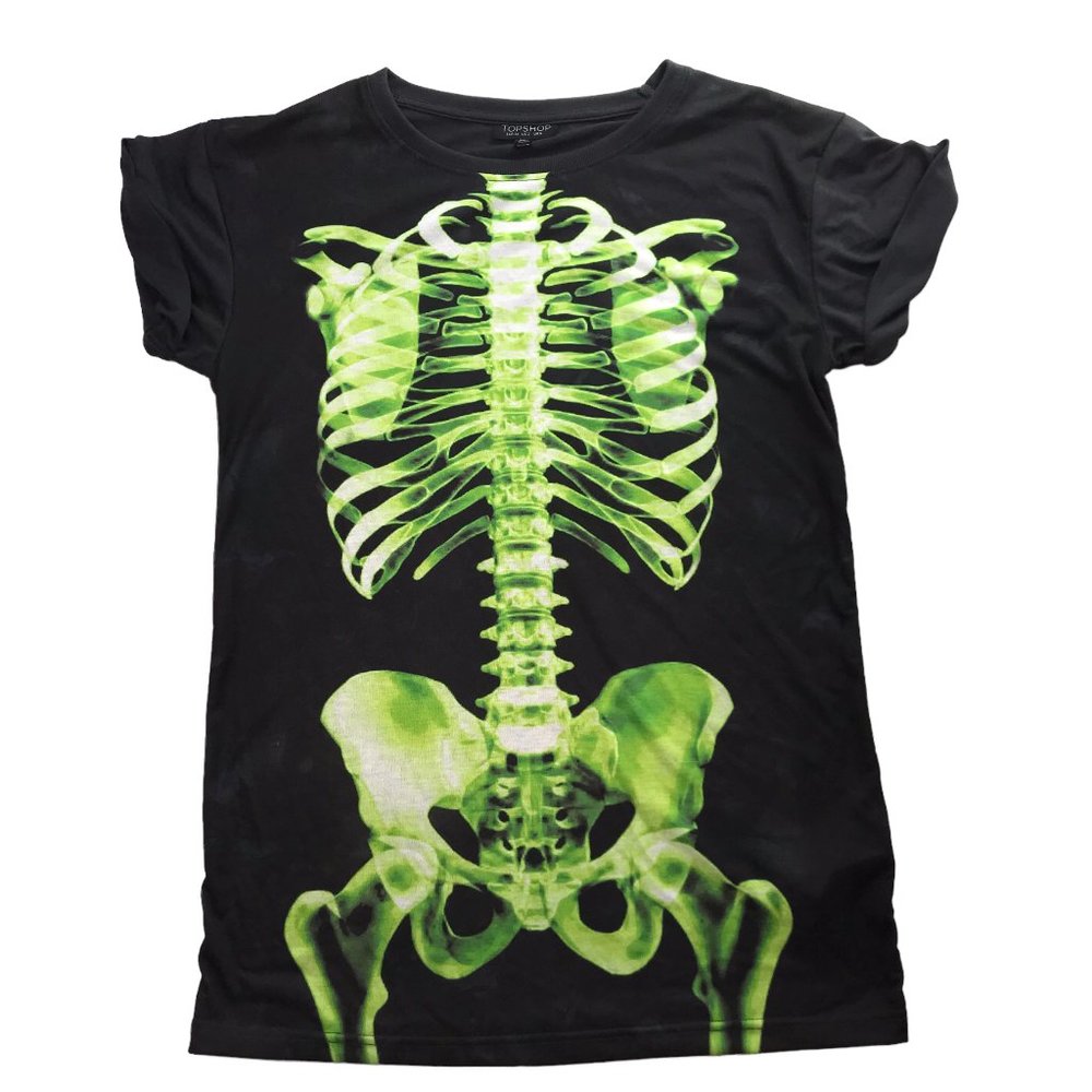 TOPSHOP Black T Shirt X Ray Neon Green Skeleton Body Torso Women's 2 Halloween